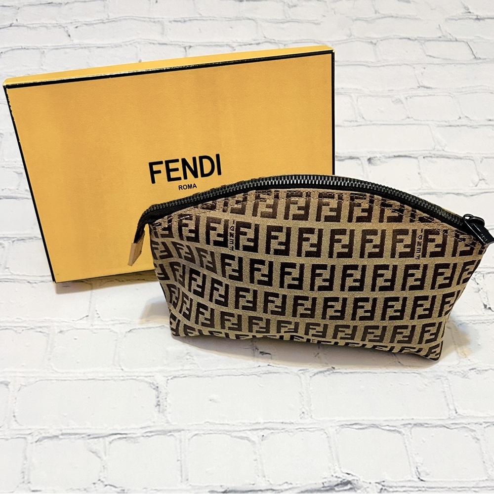 Fendi Zucca Brown Canvas Monogram Zipper Pouch & Fendi Box (EUC)